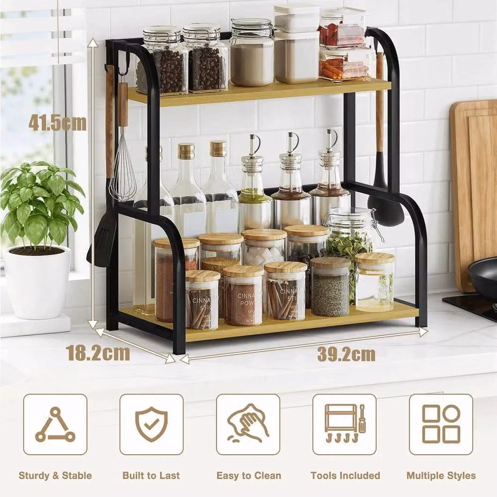 NESTLUNE 2 Tier Metal Spice Rack and Kitchen Shelf Organiser with Hooks in Matt Black – 3