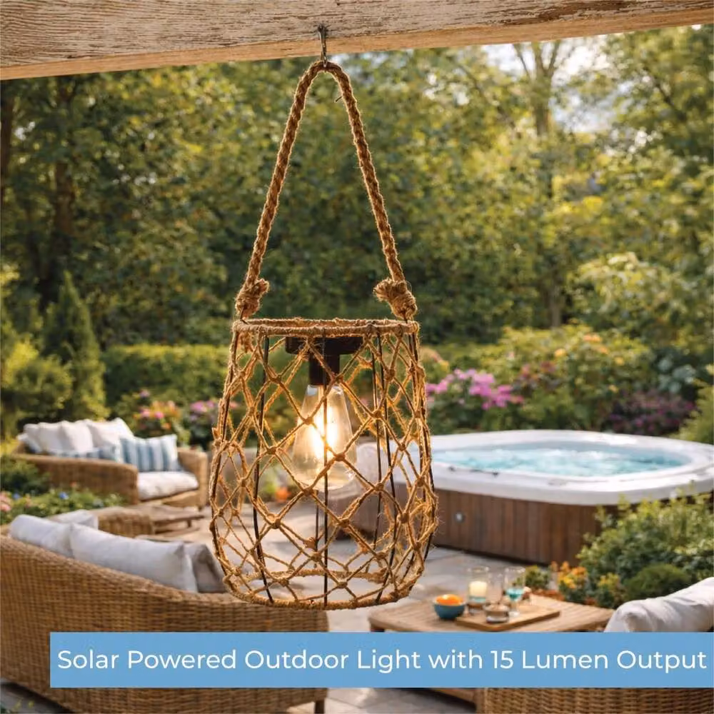 NESTLUNE Solar Natural Rope Tabletop Lantern in Brown with 15 Lumens Warm White Light – 2