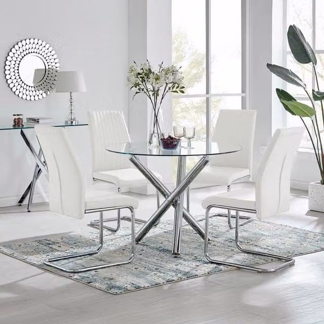 FurnitureboxUK Selina Round Glass and Chrome Dining Table and Lorenzo Chairs Set in White – 1