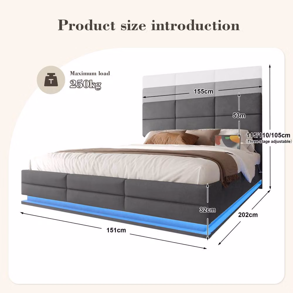 Matteo Velvet Upholstered King Size Bed Frame with Storage, LED Lighting and USB Charging Port in Grey, W: 180 cm, L: 200 cm – 2
