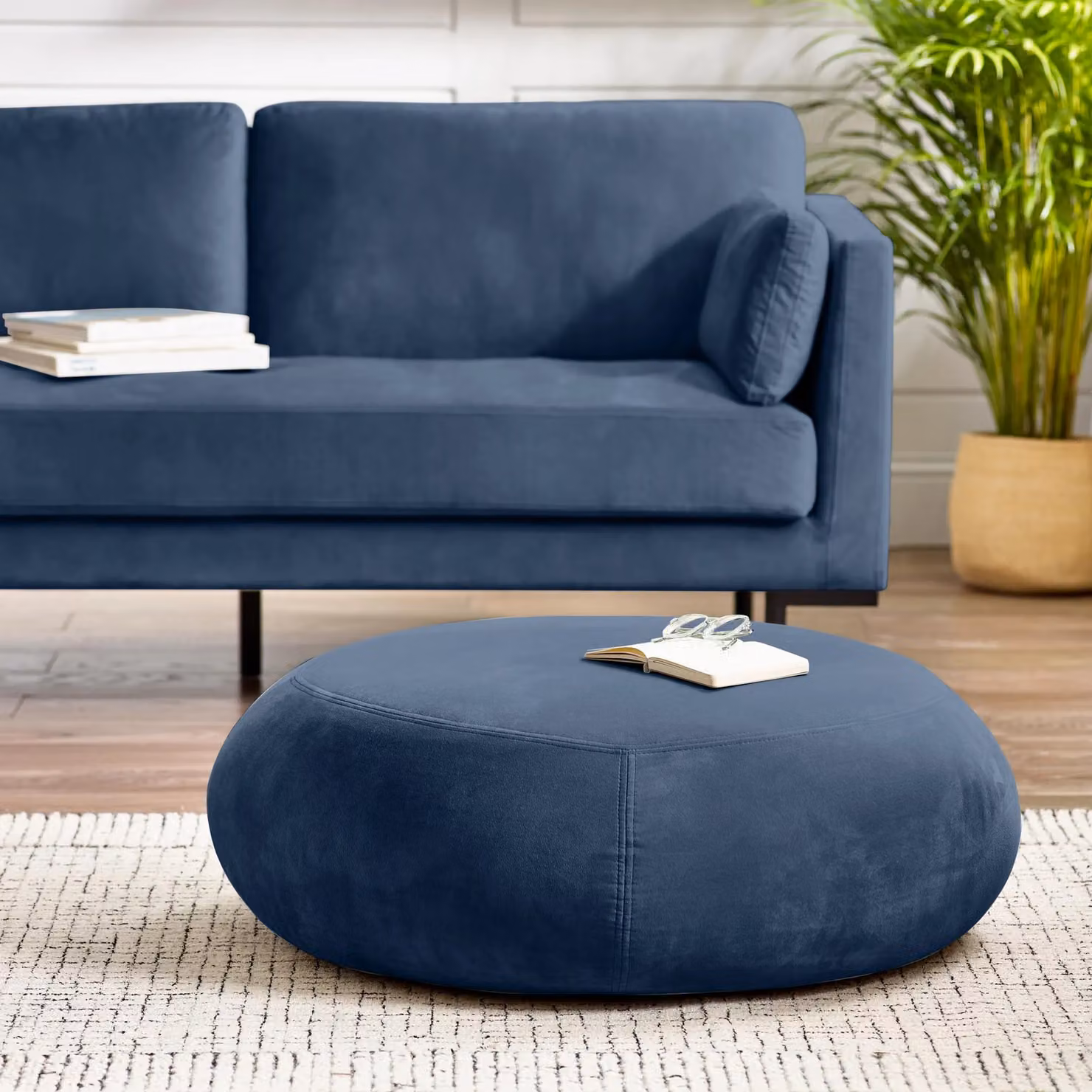 FurnitureboxUK Otis Round Soft-Touch Velvet Footstool in Navy Blue – 2