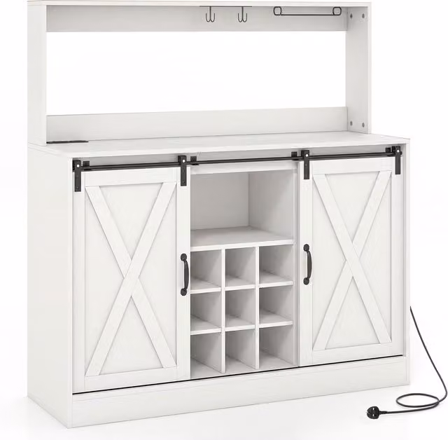 COSTWAY Rustic Farmhouse Coffee Bar Cabinet with Sliding Doors and Shelves, Brown and White, Width: 120 cm
