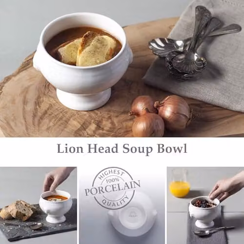WM Bartleet & Sons 1750 Traditional Porcelain Lions Head Design French Onion Soup and Stew Bowl, 350ml, White – 2
