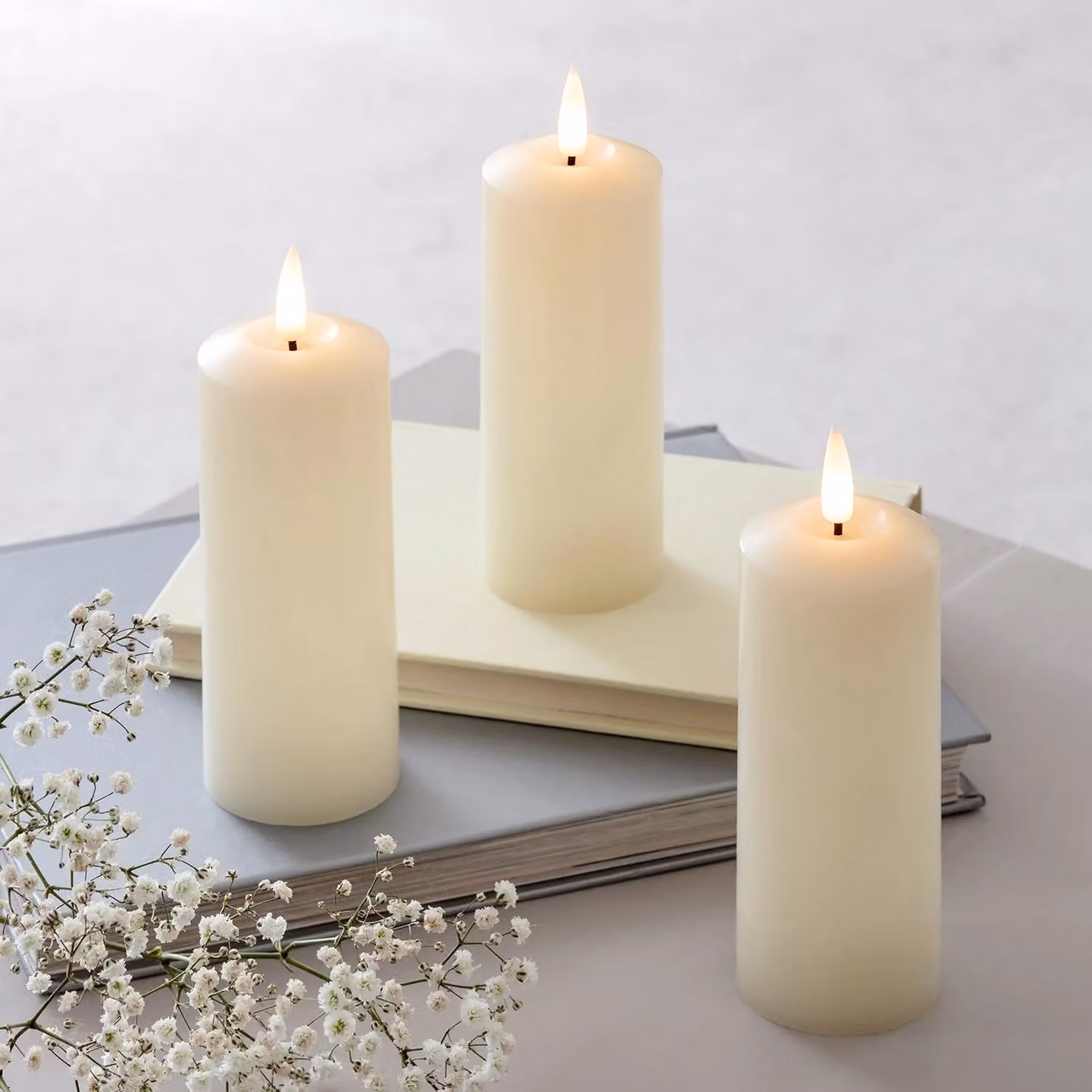 TruGlow® Beige LED Slim Pillar Candle Trio with Remote Control, Flicker Effect and Timer