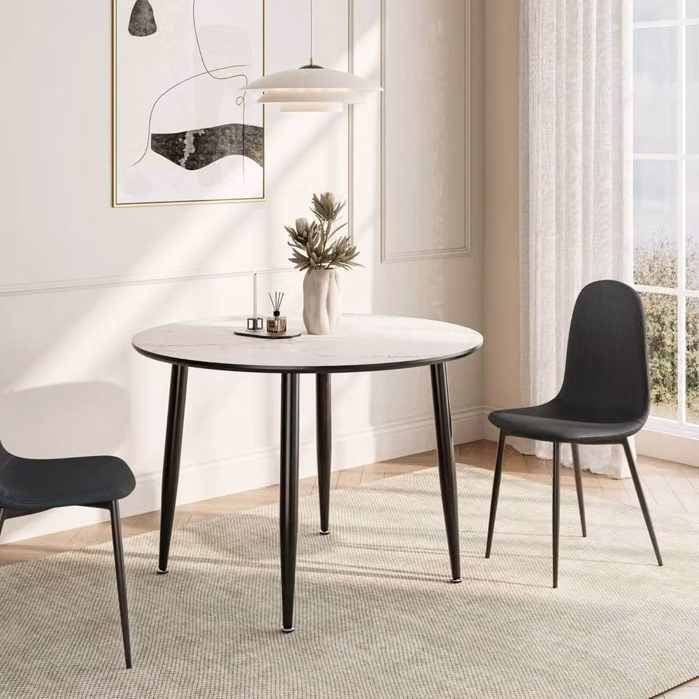 Havendro 4 Seater Round Dining Table with White Marble Top Effect and Metal Legs, Diameter: 110 cm, Height: 75 cm – 2