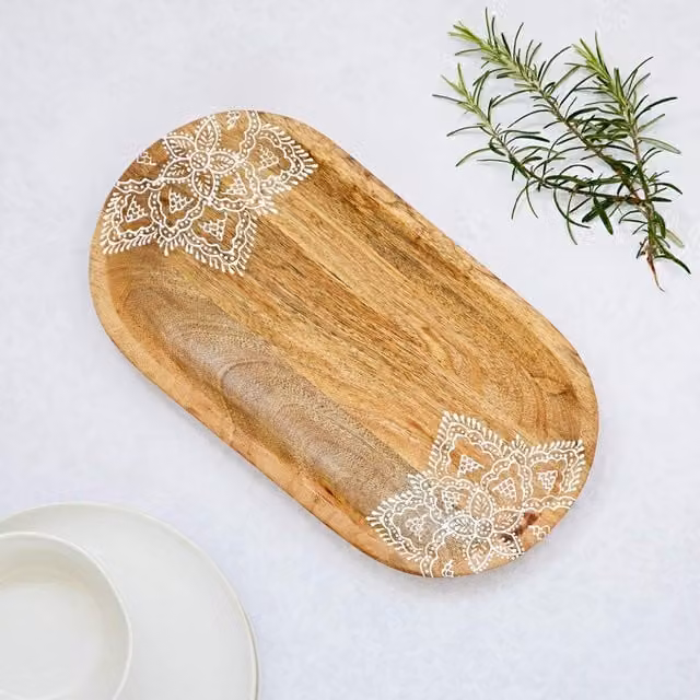 Paper High Floral Mango Wood Decorative Tray in Brown, W/D/H: 35.5 x 18.7 x 3.0 cm