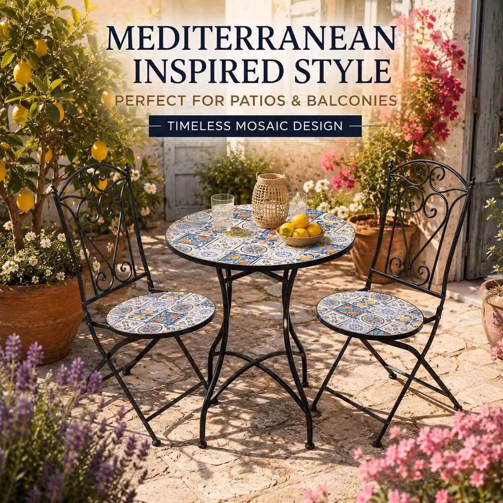 Shatchi Mediterranean Mosaic Bistro Set with Round Ceramic Table and 2 Folding Metal Chairs in Multicolour – 3