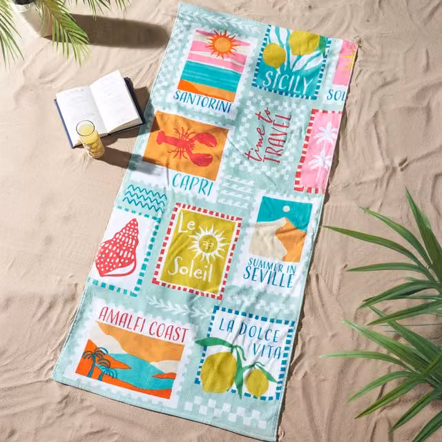Catherine Lansfield Postcards Absorbent Cotton Beach Towel, Green and Multicolour