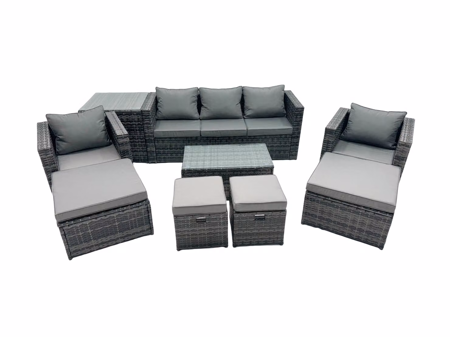 Fimous Outdoor Coffee Table Sofa Set with Side Table and 2 Small Footstools in Dark Grey – 2