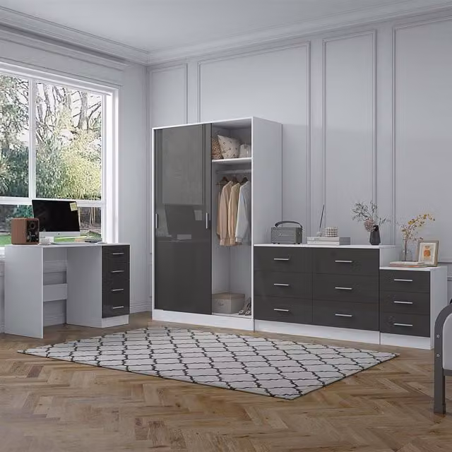 REFLECT Bedroom Furniture Bundle including Sliding Wardrobe, Wide Chest, Bedside Table and Desk in Grey Gloss and Matt White