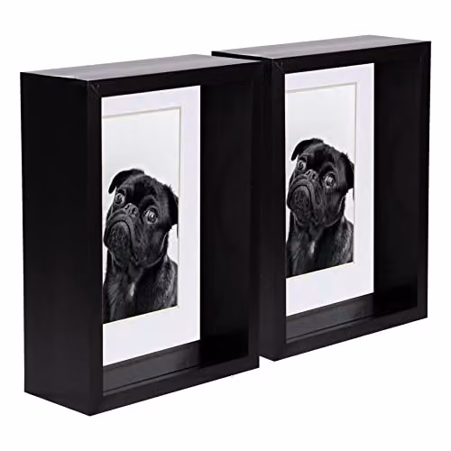 Nicola Spring Pack of 2 Black Rectangular 3D Deep Box Wooden Photo Frames with White Mount for Hanging or Standing