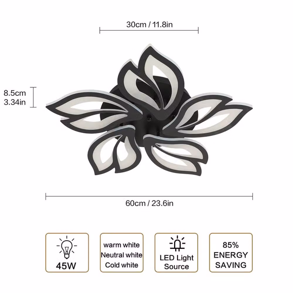 COMELY Black Flower LED Ceiling Light, 45W Dimmable Modern Metal and Acrylic Lighting with Remote Control – 4