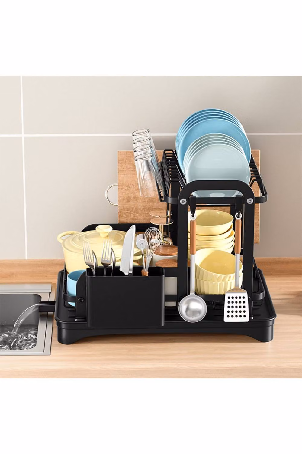 KDMD 2 Tier Dish Drainer Rack with Removable Drainboard and Cutlery Holder, Black – 3