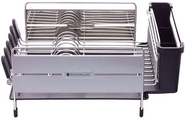 MasterClass Deluxe Stainless Steel Dish Drainer with Cutlery Holder, Cup Holder and Drip Tray in Grey