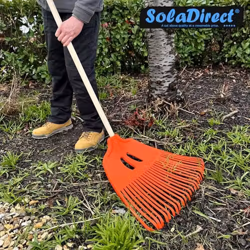 SolaDirect Heavy-Duty Garden Rake with 19 Plastic Tines and Wood Handle, Orange, Width: 44 cm, Length: 57 cm – 2