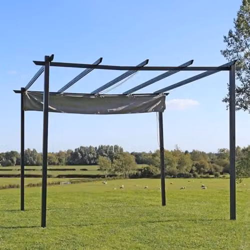 Charles Bentley Modern Steel Pergola Style Gazebo with Retractable Polyester Canopy in Grey, W: 300 cm, D: 300 cm, H: 225 cm – 2