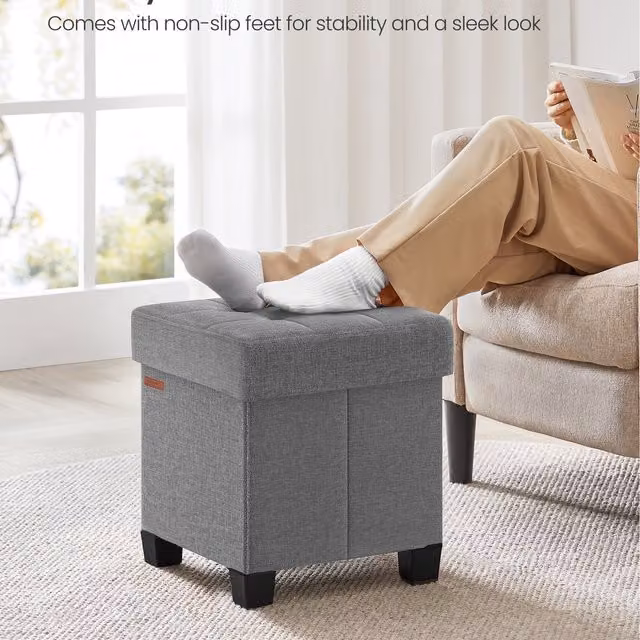 SONGMICS Elegant Grey Fabric Storage Ottoman Foot Rest