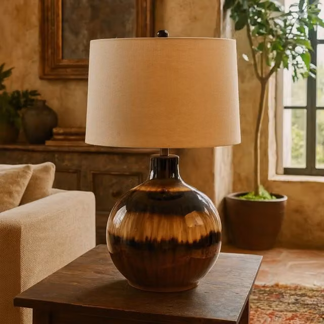 Wyld Haus Honfleur Sepia Shadows Table Lamp with Brown Glass Base and Beige Fabric Shade, H 66 cm x W 43 cm x D 43 cm – 1
