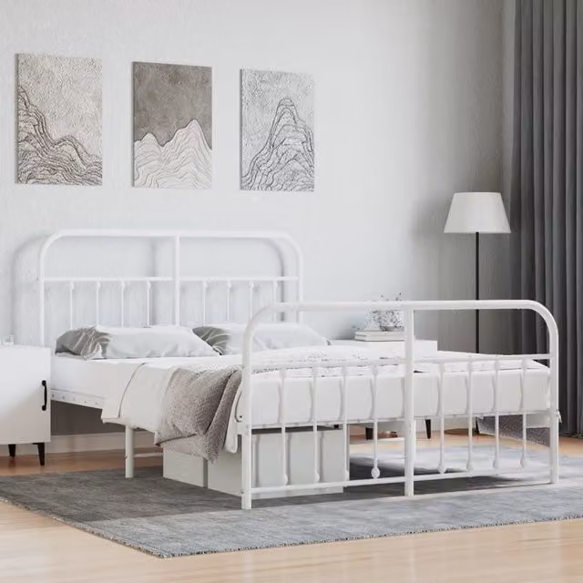 Berkfield Home Metal Bed Frame with Headboard and Footboard in White, W/D/H: 150 x 200 cm – 1