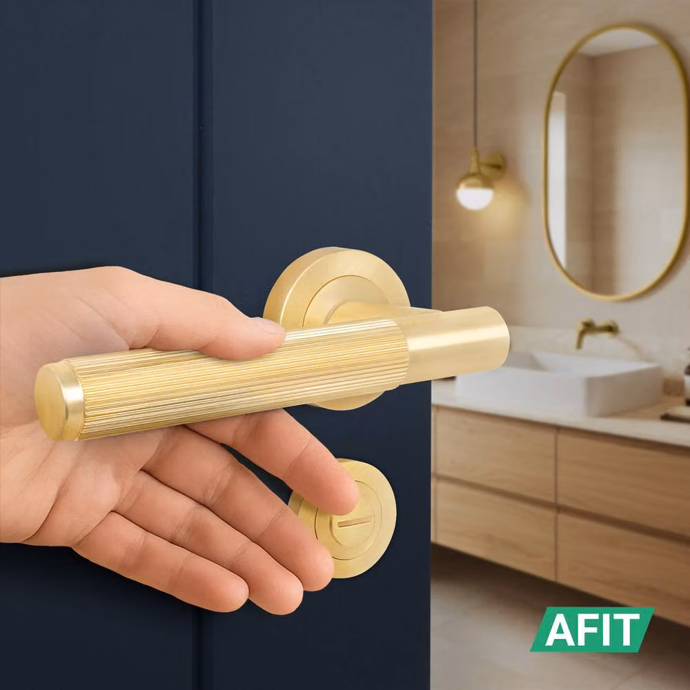 AFIT Satin Brass Fire Door Handle and Bathroom Lock Set with Hinges in Gold – 4