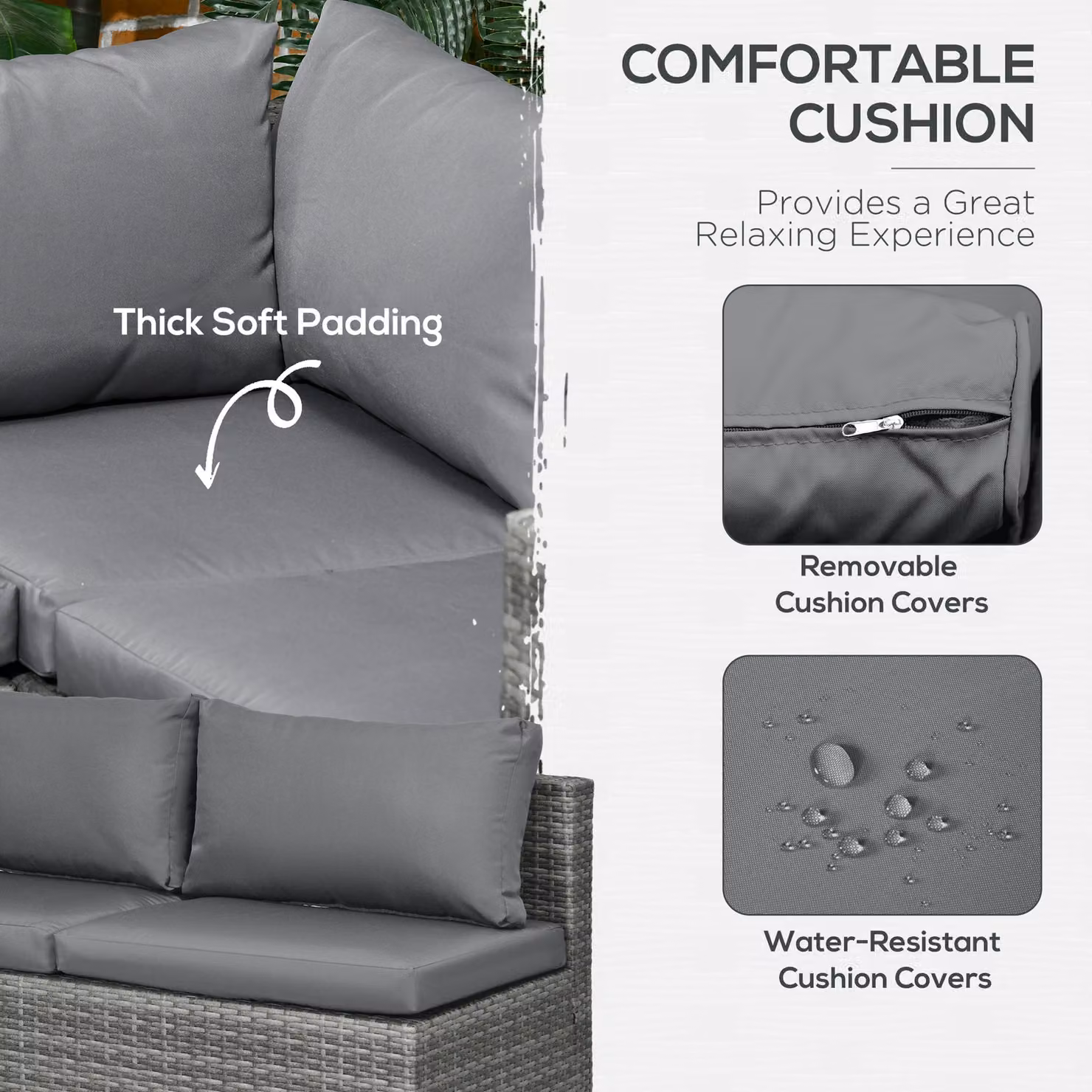 Outsunny 3 Piece Grey Polyrattan Garden Furniture Set with L-Shape Corner Sofa, 2 Seater Sofa, and Coffee Table – 4