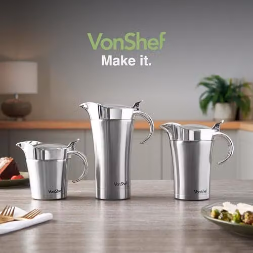 VonShef Stainless Steel Double Walled Insulated Gravy Boat with Lid and Drip Free Spout, Silver, 750ml – 8