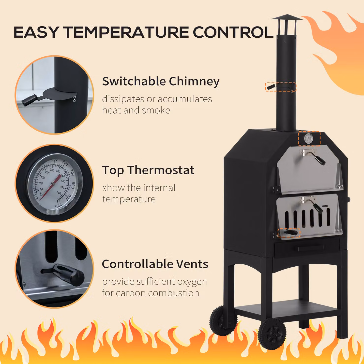 Outsunny Charcoal Portable Pizza Maker BBQ Grill with Thermometer and Wheels, Black, H 160 x W 64 x D 54 cm – 5