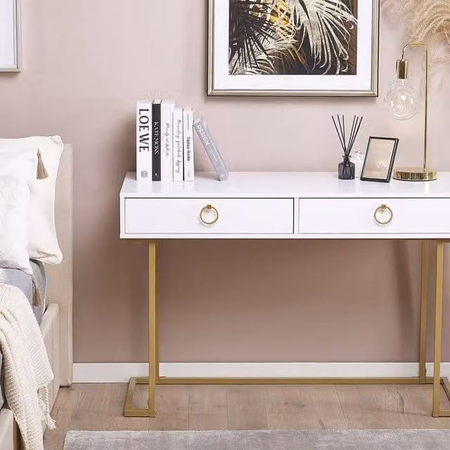 Wyld and Coco White and Gold Console Table with 2 Drawers, W: 115 cm, D: 50 cm, H: 77 cm – 1