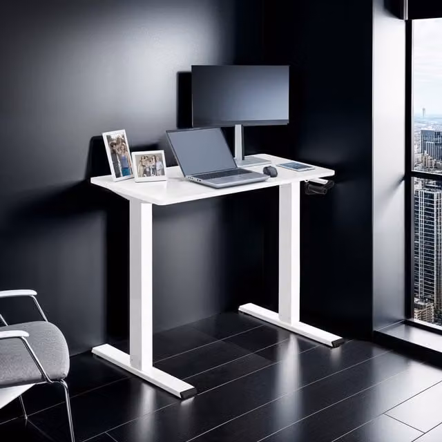 tectake White Height-Adjustable Sit Stand Desk with Hand Crank and Width-Adjustable Surface