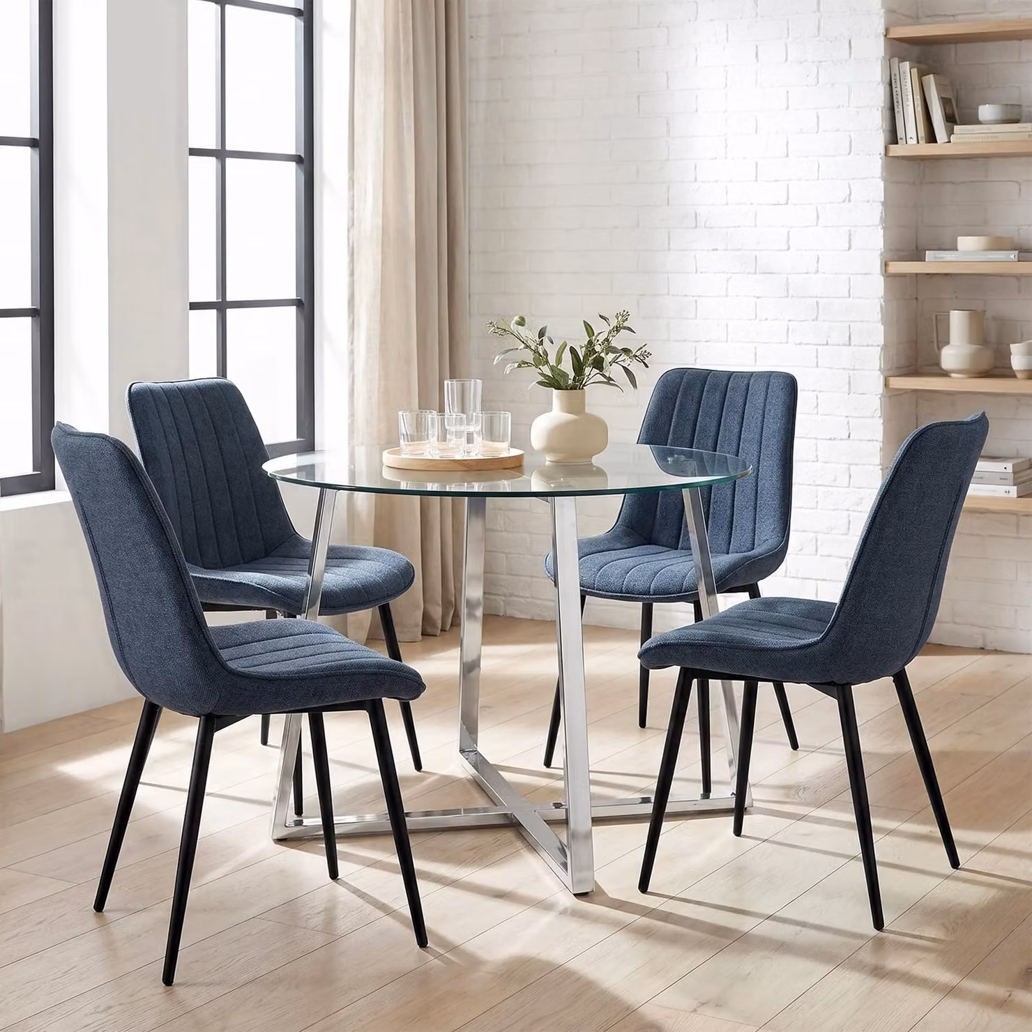 DHS Modern Round Glass Dining Table Set with 4 Chairs in Blue, Beige or Grey, Diameter: 110 cm