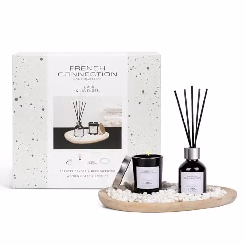 French Connection Home Fragrance Gift Set with Scented Reed Diffuser and Candle in Lemon and Lavender – 1