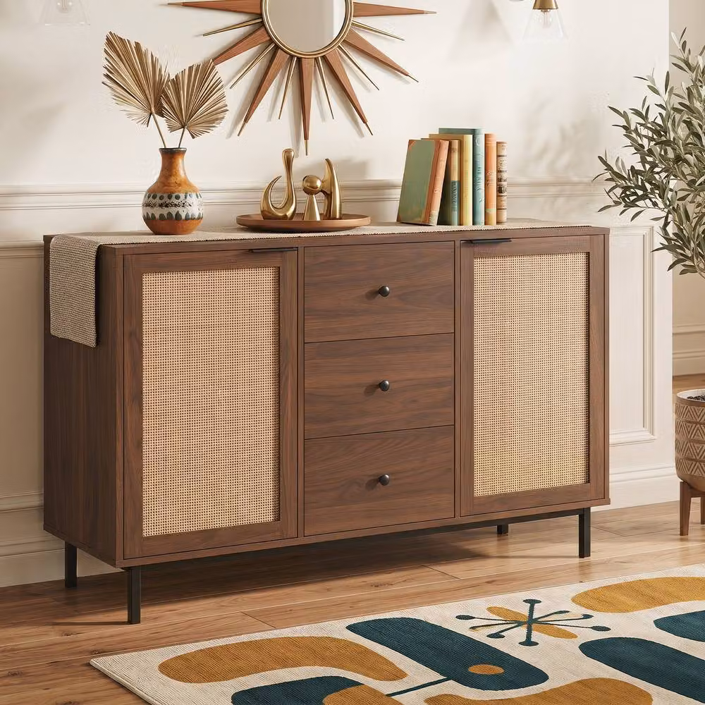 Costway Modern Brown Sideboard Buffet Cabinet and Coffee Bar Table with 2 Doors, 3 Drawers and Rattan Details, Width: 120 cm – 7