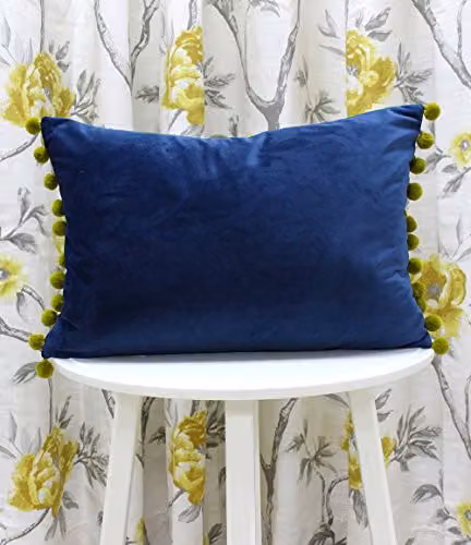Paoletti Fiesta Rectangular Filled Cushion in Blue and Yellow with Pom Pom Edges, Faux Velvet Fabric, W: 50 cm, H: 35 cm – 2