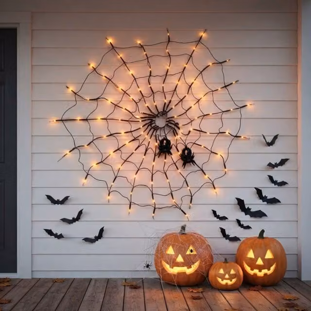 Garden Greatness Spooky LED Light Up Spiders and Web in Orange, Black and Multicolour
