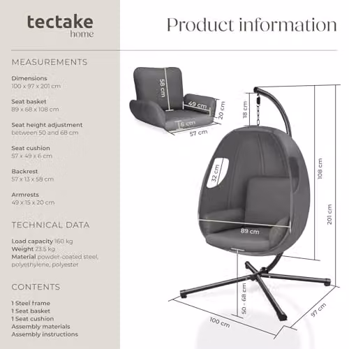 tectake Hanging Egg Chair with Steel Stand and Thick Cushions in Anthracite Grey – 3