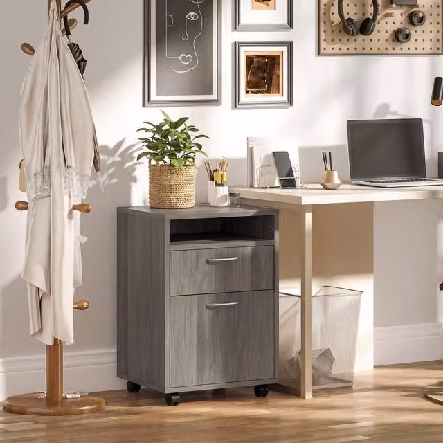STILVORA Grey Filing Cabinet with Drawer and Shelf on Castors