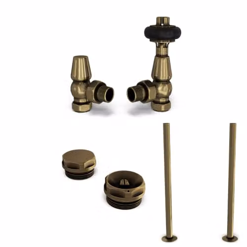 UK Radiators Antique Brass Traditional Thermostatic Radiator Valve and Lockshield with Signature Wooden Head, 1/2 BSP 15mm Angled