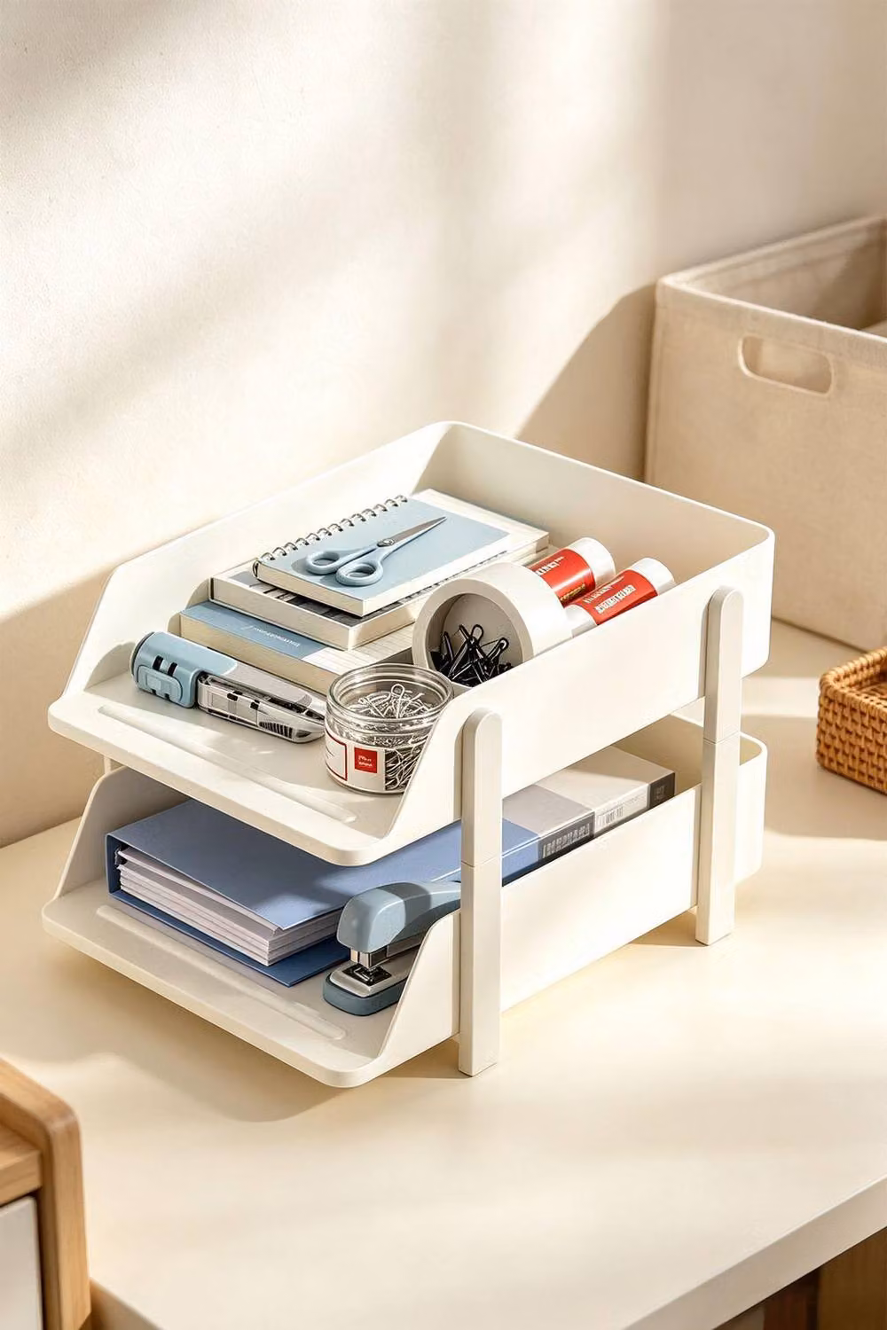 Living and Home 2-Tier Plastic Tabletop File Organiser Storage Rack in White – 2