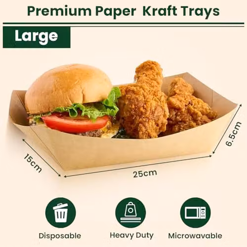 ECONX 50 Pack Brown Kraft Paper Food Trays, W: 25 cm x D: 15 cm x H: 6.5 cm – 2