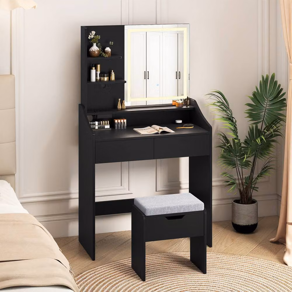 Costway Modern Wooden Vanity Desk Set with Hollywood LED Mirror and Storage Stool in Black – 3