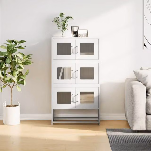 Berkfield Home White Steel Highboard with Glass Doors, W/D/H: 68 x 39 x 123 cm – 1