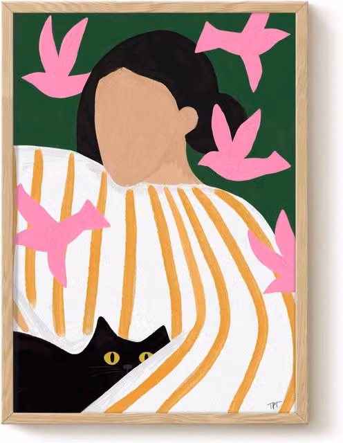 The Paper Tail Pink Birds and Black Cat Multicolour Art Print