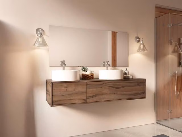 Vente-unique Suspended Double Bathroom Vanity Unit in Walnut with Dark Natural Finish, W/D/H: 150 x 47 x 32 cm