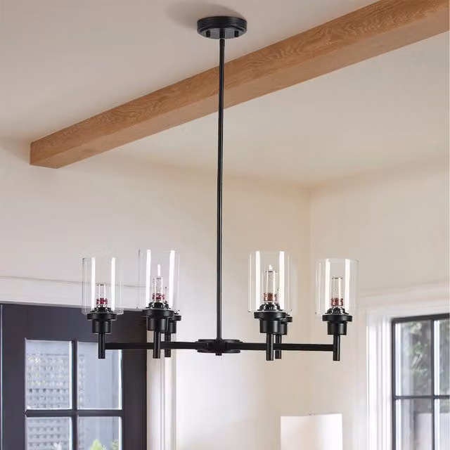 Livingandhome Modern 6-Light Suspended Chandelier with Black Metal and Transparent Glass Cylinder Lampshades