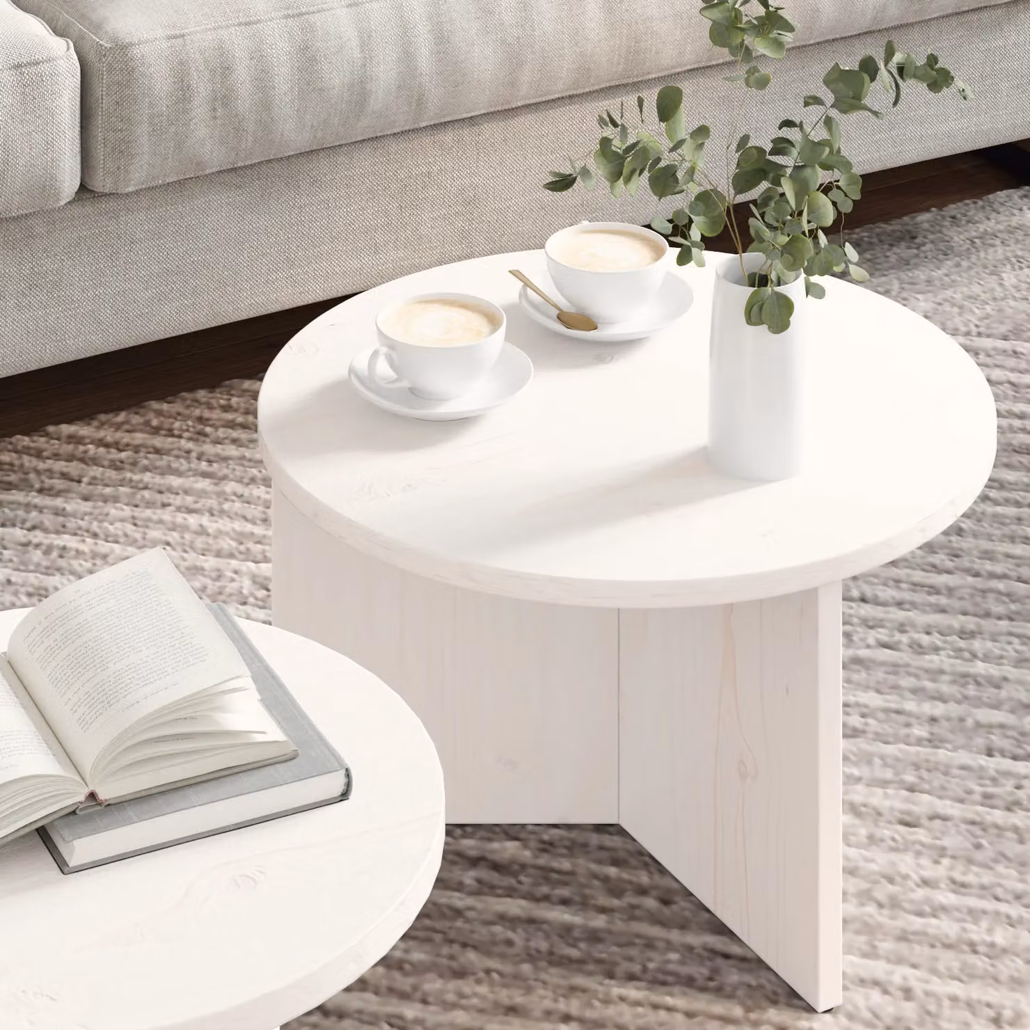 Berkfield Home 2-Piece White Solid Pine Wood Round Nested Coffee Table Set – 3