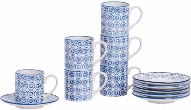 Havendro 12-Piece Hand-Printed Porcelain Espresso Cup and Saucer Set, Navy Blue, 65ml