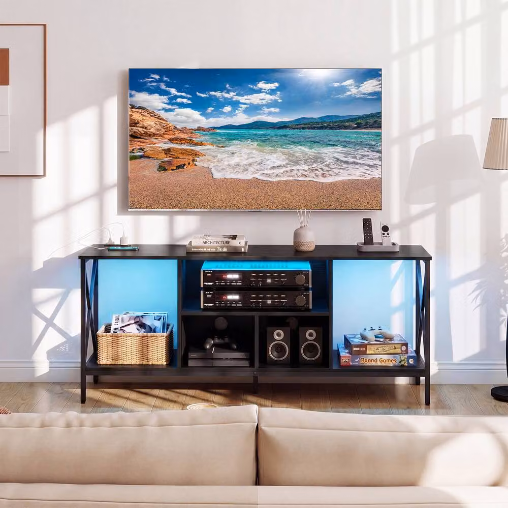 Gymax Modern Black TV Stand with Integrated LED Lighting and Power Outlets – 4