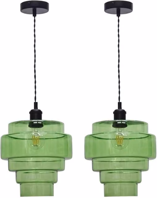First Choice Lighting Benson Set of 2 Green and Black Glass Cylinder Ceiling Pendant Lights – 1