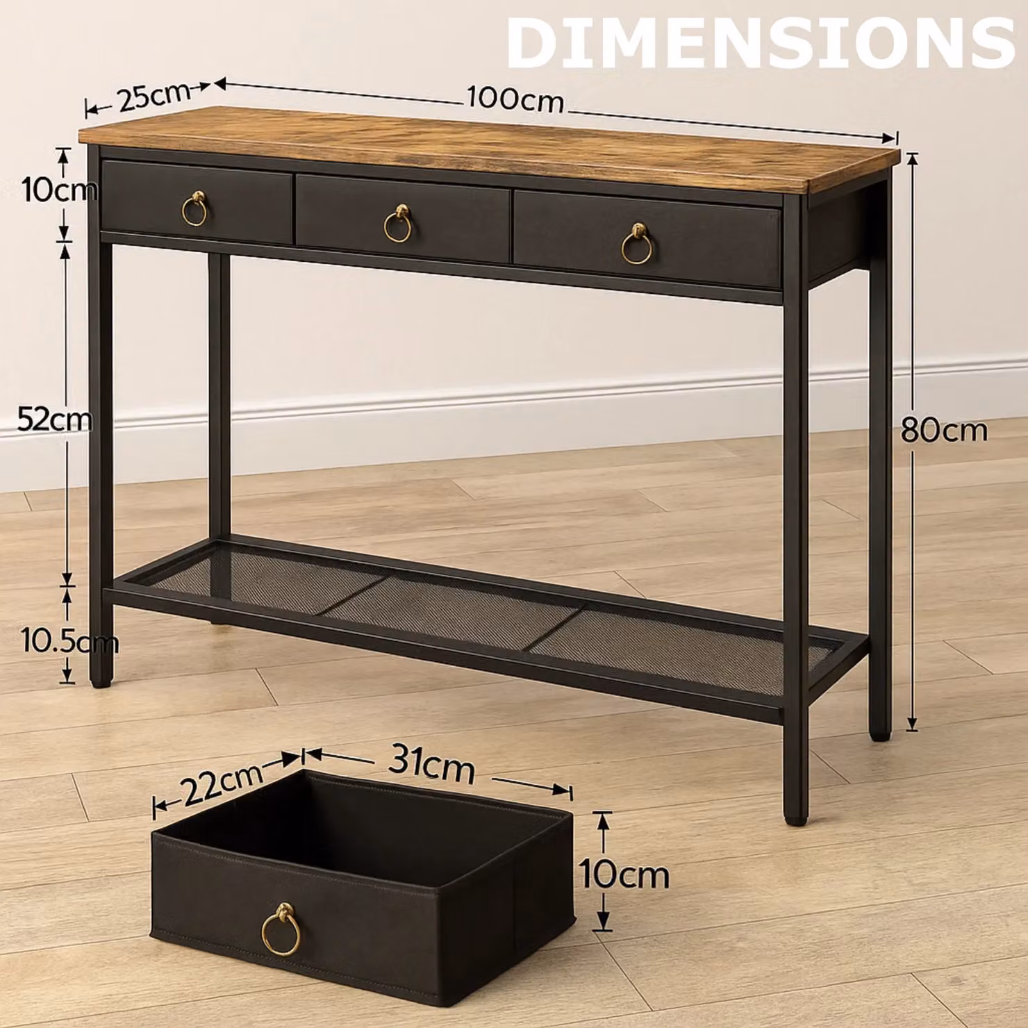 Storvo Slim Console Table with 3 Non-woven Drawers in Brown, W/D/H: 80 x 25 x 100 cm – 9