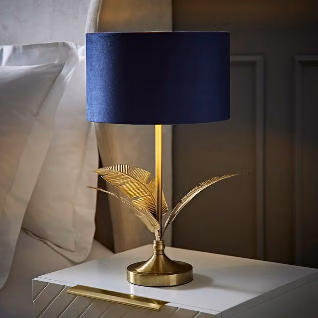ValueLights Christina Palm Leaf Table Lamp with Navy Velvet and Gold Metallic Shade and LED Bulb